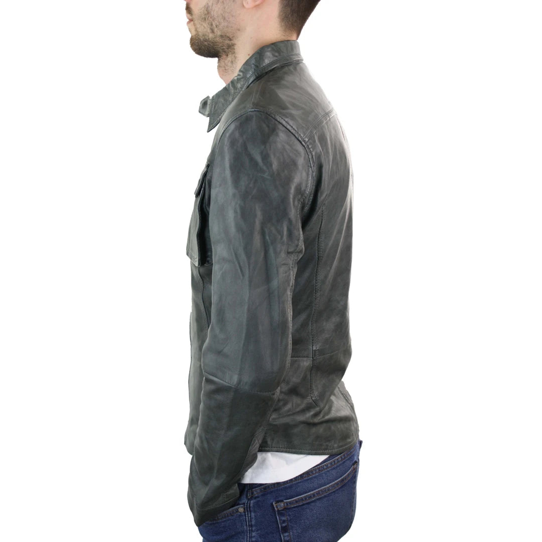 Mens Stud Shirt Real Leather Jacket Tan Grey Black Vintage Skinny Slim Fit Retro-TruClothing
