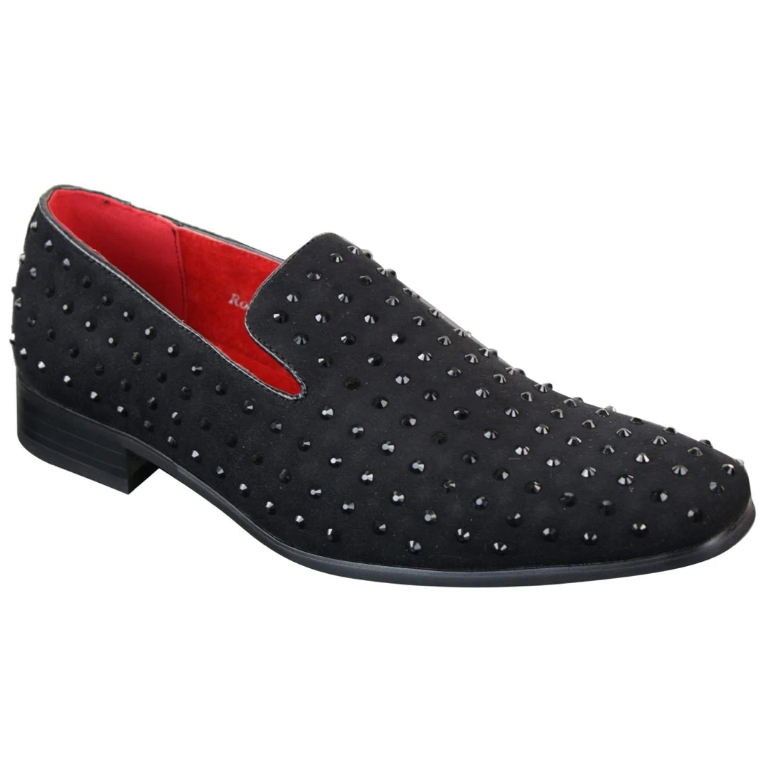 Mens Suede Slip On Loafers Shoes Stud Spikes Silver Smart Casual Shiny Party Black-TruClothing