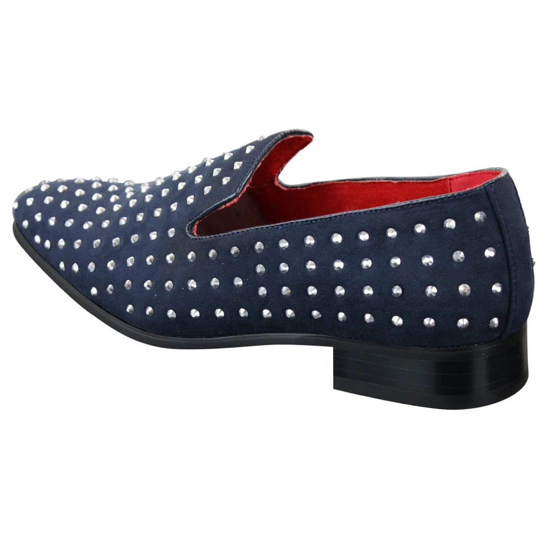 Mens Suede Slip On Loafers Shoes Stud Spikes Silver Smart Casual Shiny Party Navy Blue-TruClothing