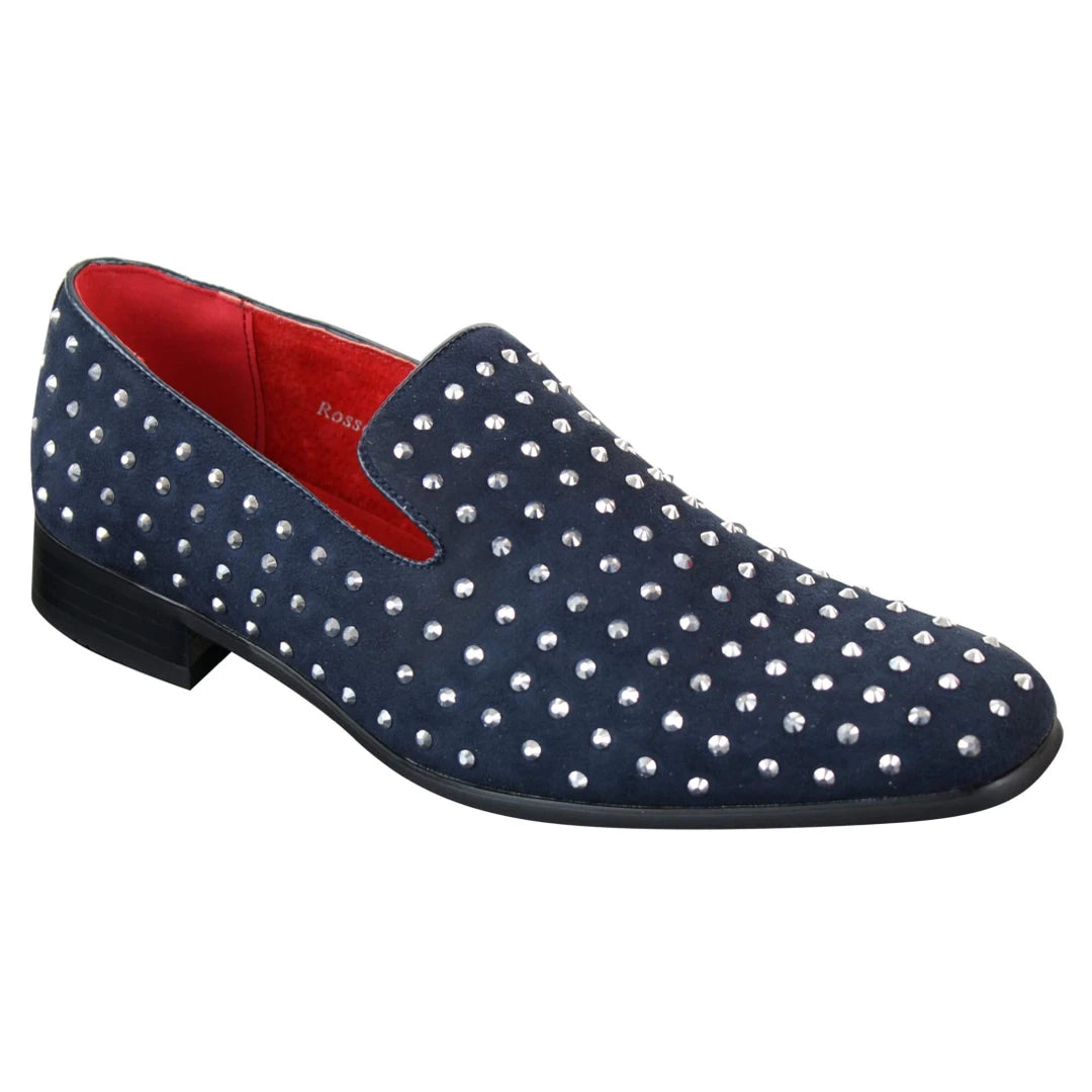 Mens Suede Slip On Loafers Shoes Stud Spikes Silver Smart Casual Shiny Party Navy Blue-TruClothing