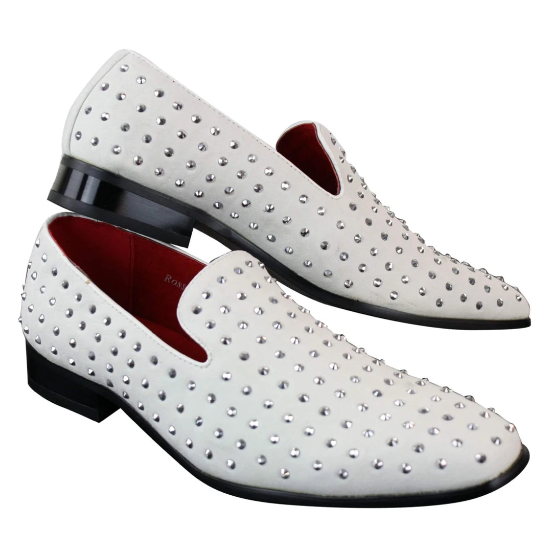 Mens Suede Slip On Loafers Shoes Stud Spikes Silver Smart Casual Shiny Party White-TruClothing