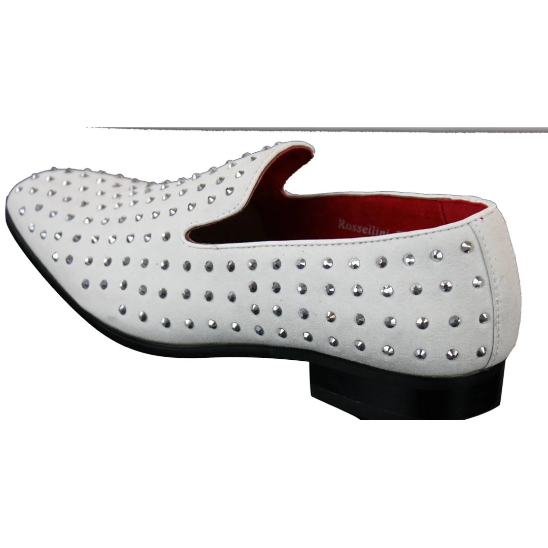 Mens Suede Slip On Loafers Shoes Stud Spikes Silver Smart Casual Shiny Party White-TruClothing