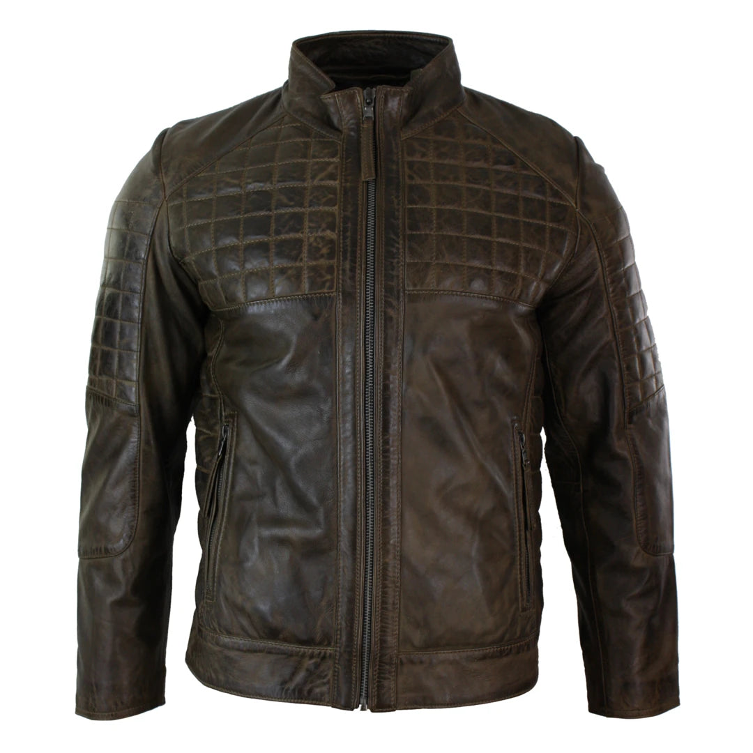 Mens Tailored Fit Real Leather Stitch Designer Real Leather Zipped Biker Jacket-TruClothing