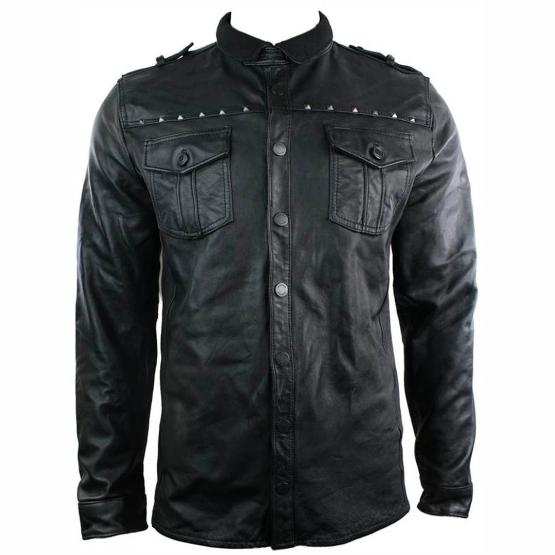 Mens Tailored Fit Vintage Leather Shirt Retro Stud Style Jacket Black Casual-TruClothing