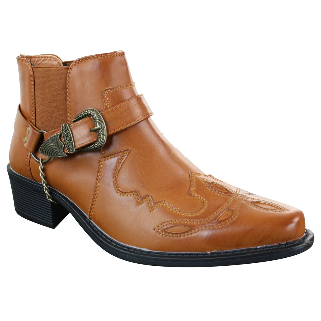 Mens Tan Brown Black Rinding Ankle Boots Cowboy Western Leather Classic Slip On-TruClothing