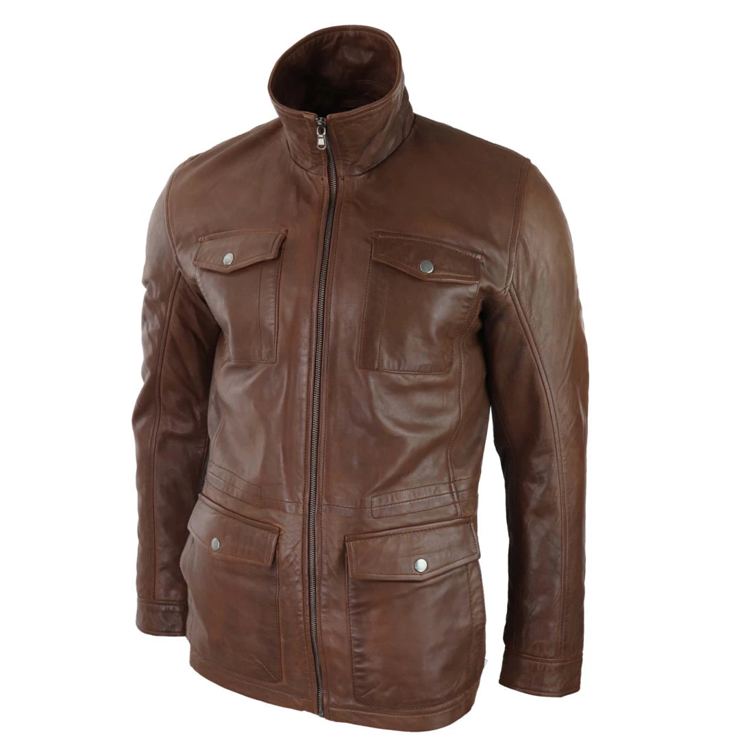 Mens Tan Brown Hunting Leather Jacket-TruClothing