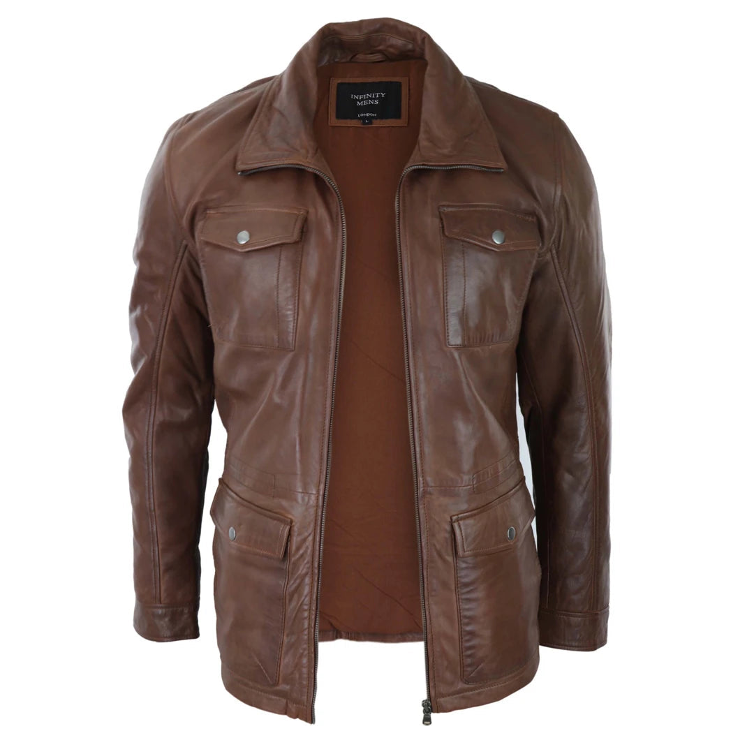 Mens Tan Brown Hunting Leather Jacket-TruClothing