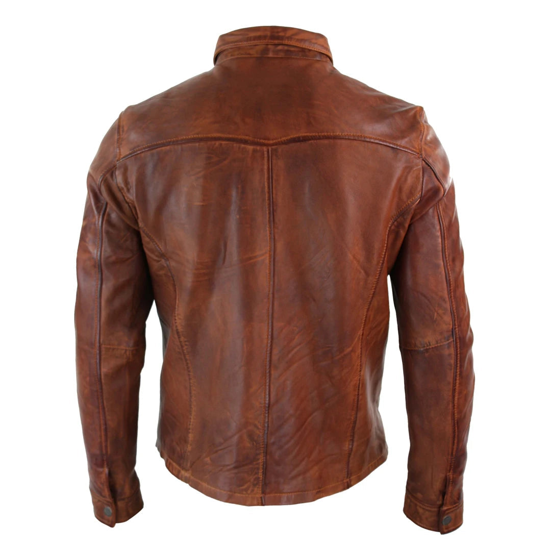 Mens Tan Timber Wine Red Washed Slim Fit Shirt Jacket Retro Smart Casual Genuine Leather-TruClothing