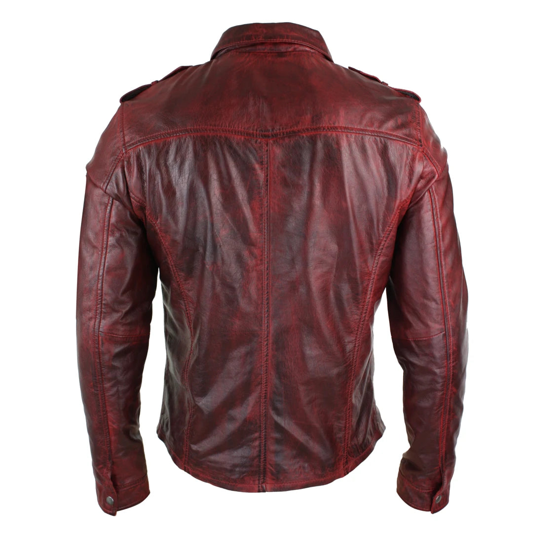 Mens Tan Timber Wine Red Washed Slim Fit Shirt Jacket Retro Smart Casual Genuine Leather-TruClothing