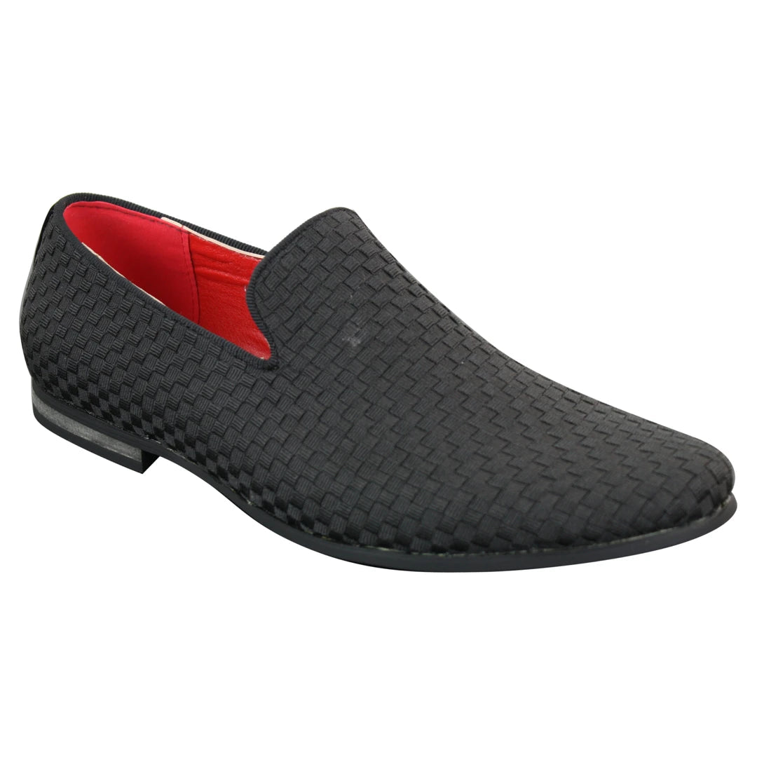 Mens Textured Slip On Black Blue Check Shoes Smart Casual Formal Italian Design-TruClothing