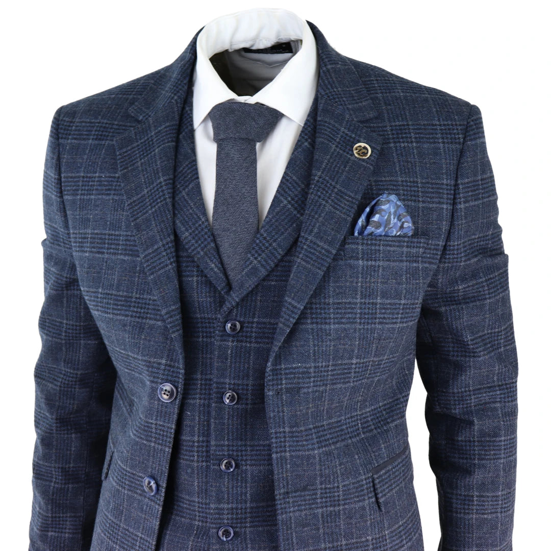 Mens Tweed 3 Piece Suit Blue Check Vintage 1920s Gatsby Blinders Tailored Fit-TruClothing