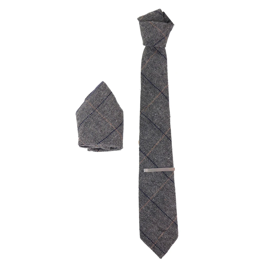 Men's Tweed Herringbone Check Tie & Hankie Set-TruClothing
