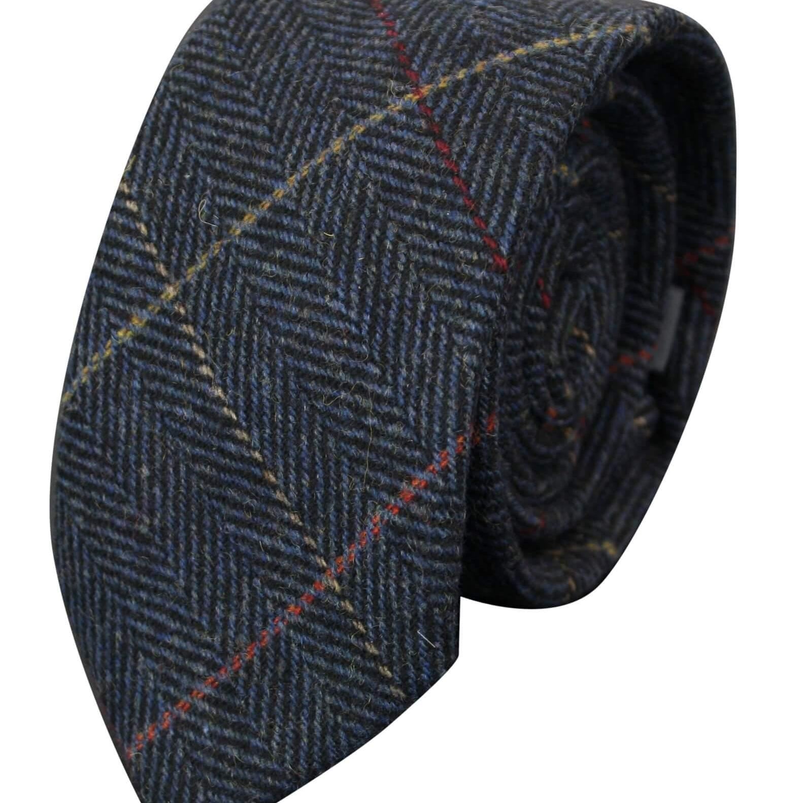 Mens Tweed Herringbone Textured Marc Darcy Ties Classic Vintage Retro Eton Navy Blue-TruClothing