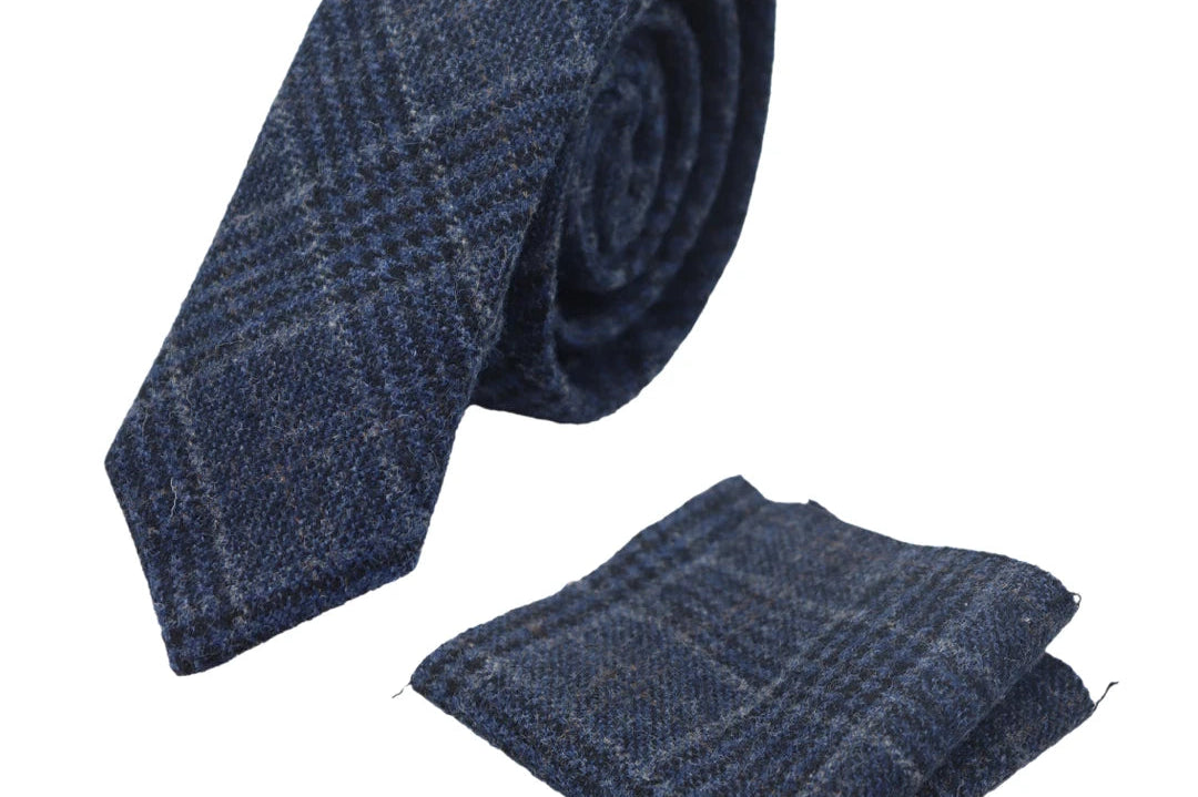 Mens Tweed Herringbone Tie Pocket Square Check Classic Blue Brown Grey Black-TruClothing