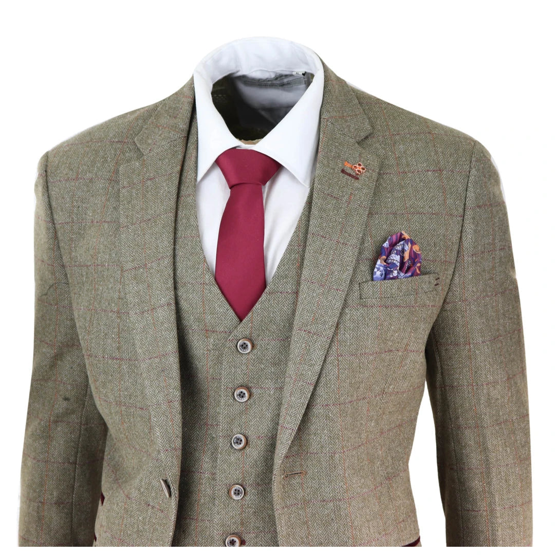 Mens Tweed Olive Green Check Suit-TruClothing