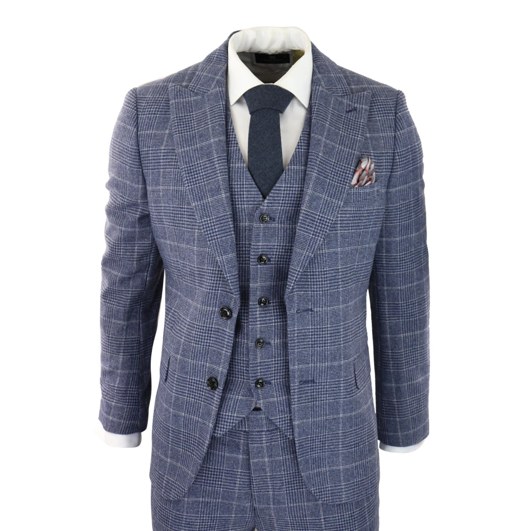 Mens Tweed Wool Check Suit 3 Piece Vintage Classic Blue Grey Tailored Fit-TruClothing