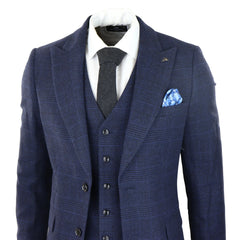 Mens Tweed Wool Check Suit 3 Piece Vintage Classic Navy Black Tailored Fit-TruClothing