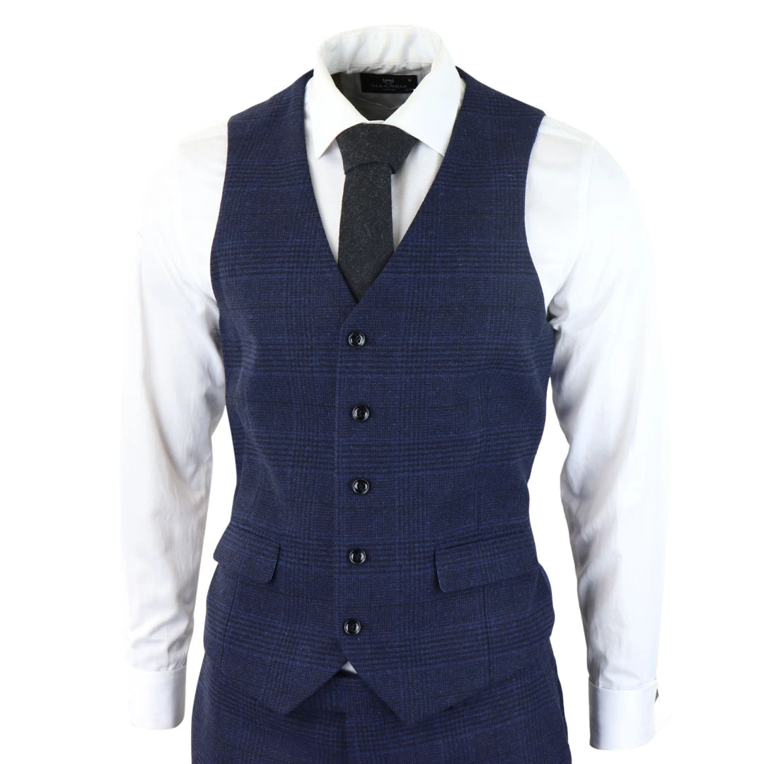 Mens Tweed Wool Check Suit 3 Piece Vintage Classic Navy Black Tailored Fit-TruClothing