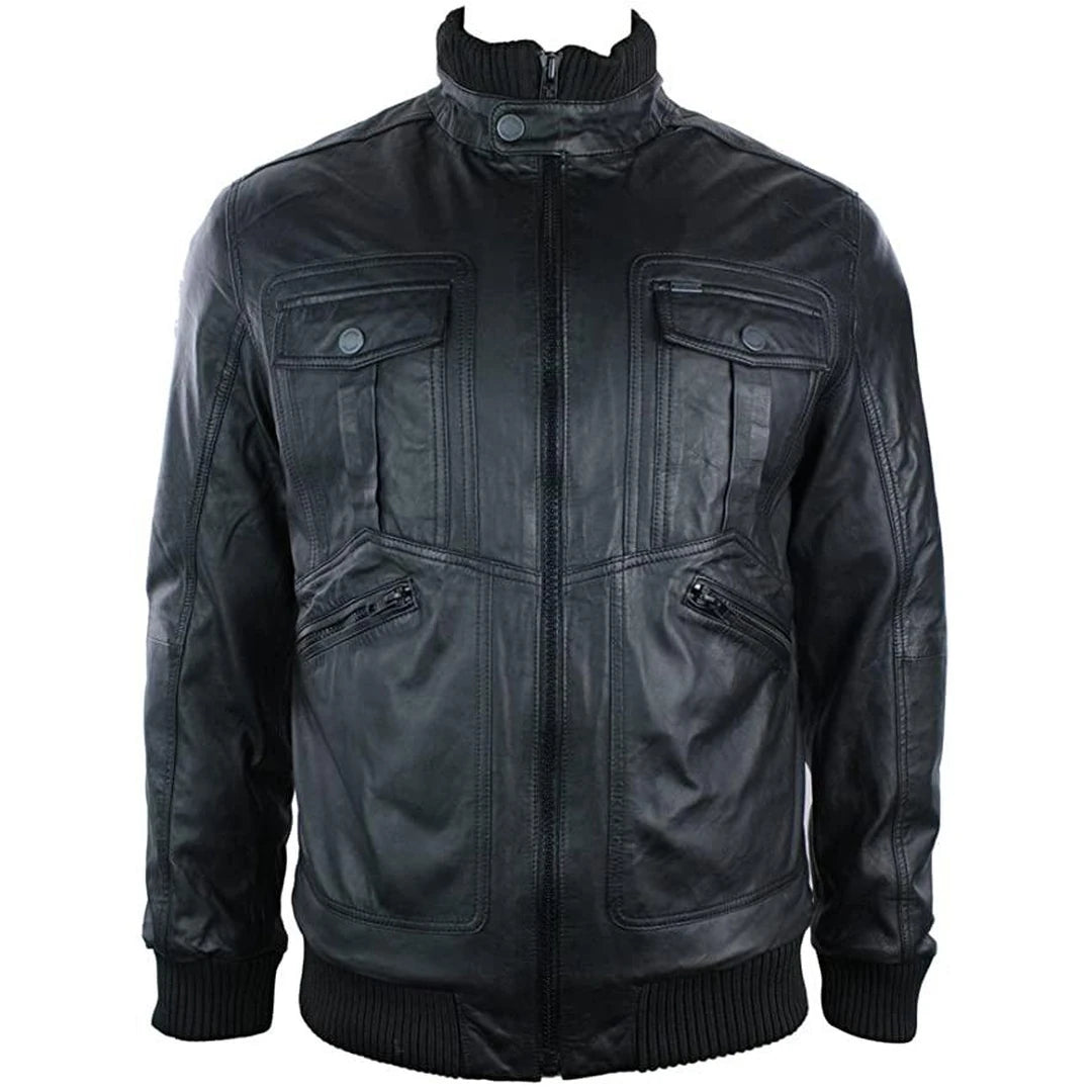 Mens Urban Retro Leather Bomber Jacket High Collar Zipped Pockets Black Vintage-TruClothing