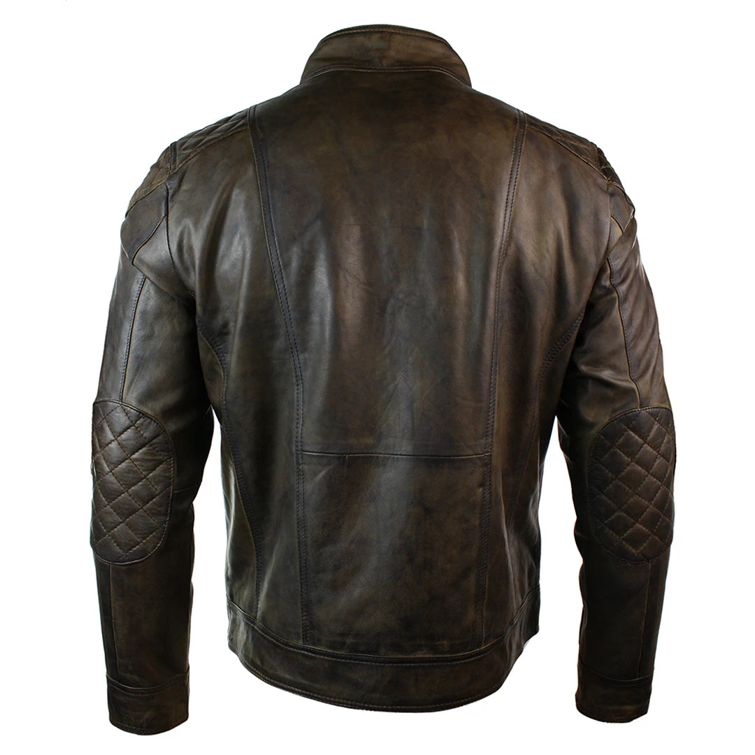 Mens Vintage Antique Brown Biker Style Real Leather Jacket Retro Casual Design-TruClothing