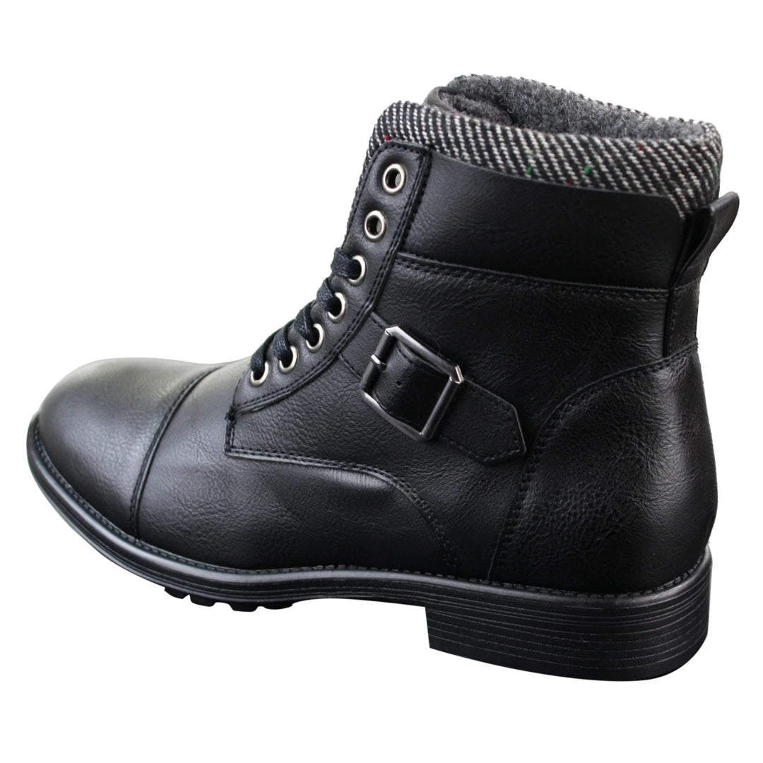 Mens Vintage Biker Military Army Buckle Laced Ankle Boots Shoes Fleece Lined-TruClothing
