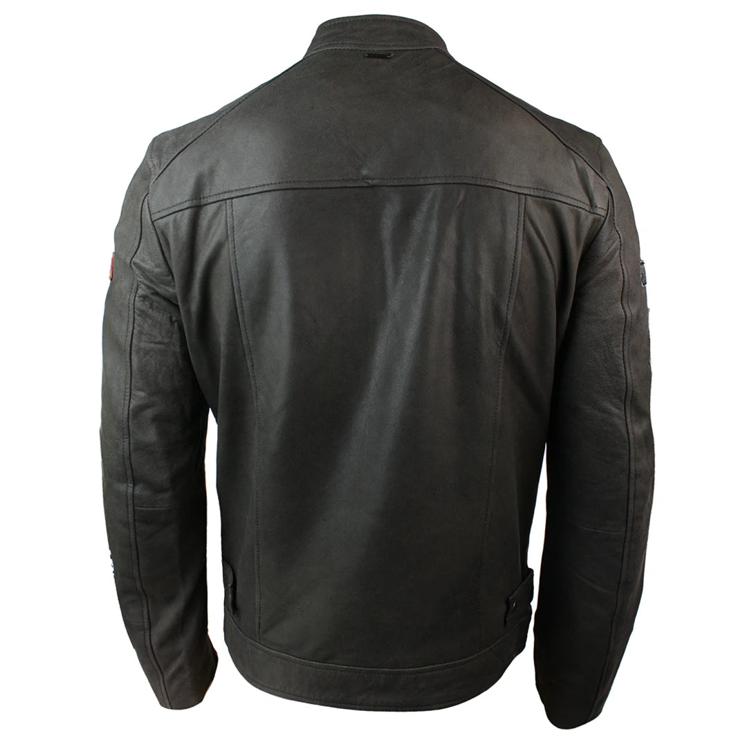 Mens Vintage Brown Leather Racer Badge Biker Jacket Washed Distressed Slim Fit-TruClothing