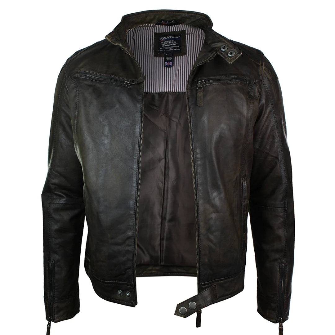 Mens Vintage Distressed Brown Wine Slim Fit Real Leather Jacket Biker Style Casual CLEARANCE OFFER-TruClothing