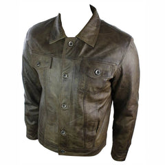 Mens Vintage Short Denim Style Retro Leather Jacket Washed Brown Casual-TruClothing