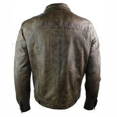 Mens Vintage Short Denim Style Retro Leather Jacket Washed Brown Casual-TruClothing