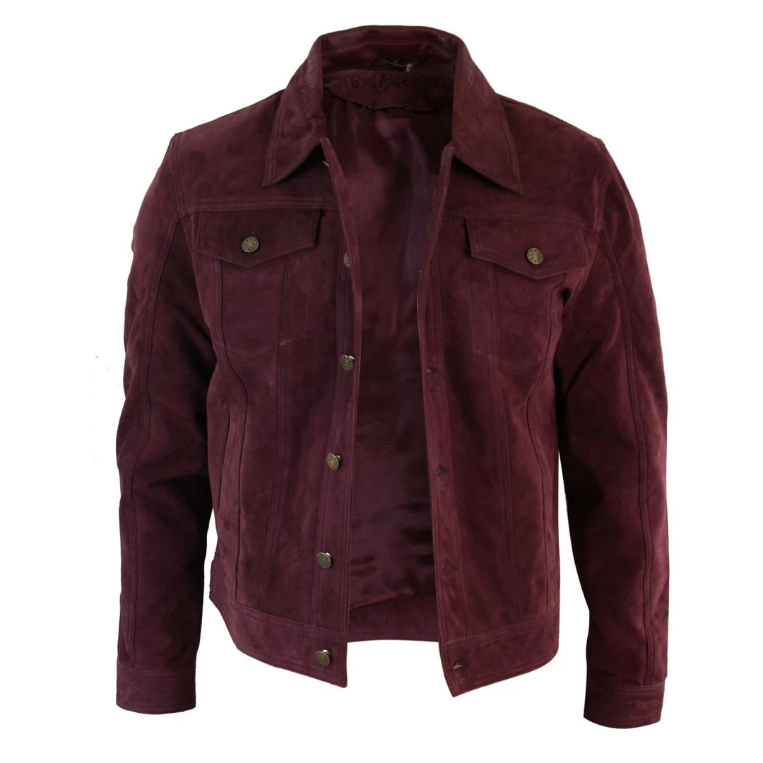 Mens Vintage Short Denim Style Retro Real Suede Leather Jean Jacket Casual-TruClothing