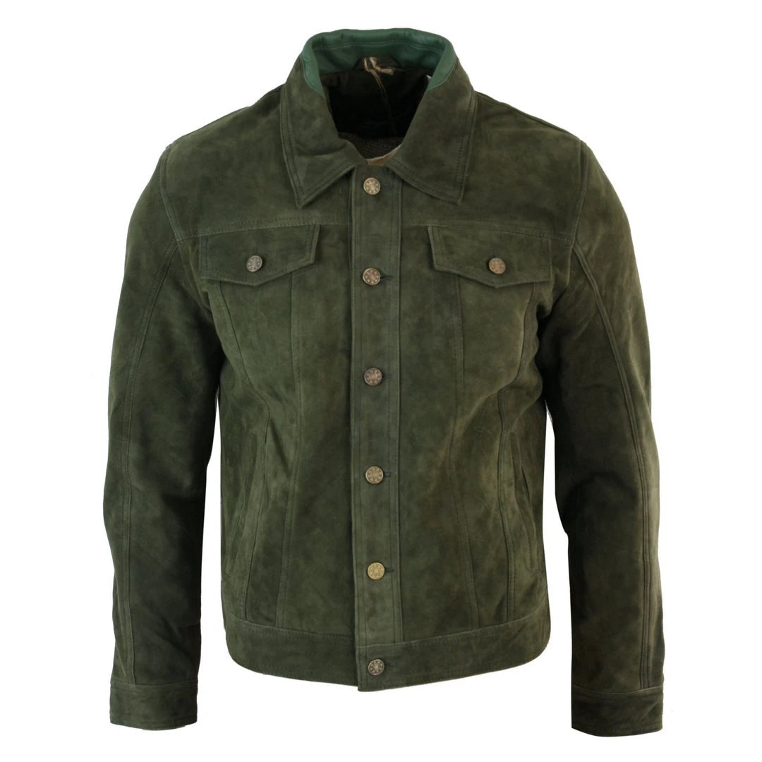 Men s Short Denim Suede Leather Jean Jacket Olive X Small