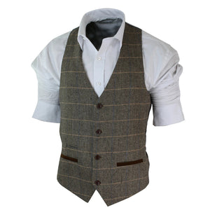 Gilet homme vintage tweed carreaux chevrons marron beige gris coupe cintrée - Marron clair - Marc Darcy - 2