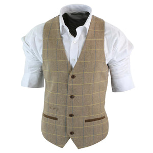 Gilet homme vintage tweed carreaux chevrons marron beige gris coupe cintrée - Chêne - Marc Darcy - 8