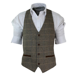 Gilet homme vintage tweed carreaux chevrons marron beige gris coupe cintrée - Marron clair - Marc Darcy - 1