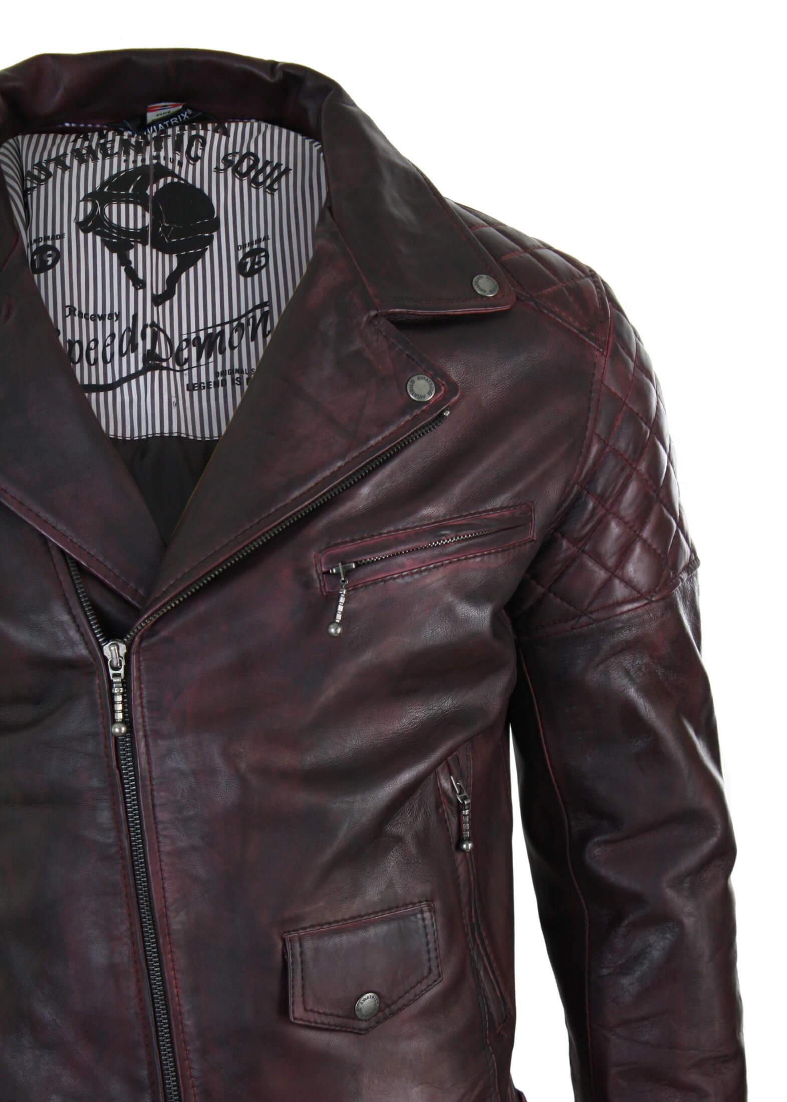 Mens Vintage Washed Brown Black Burgundy Blue Timber Real Leather Biker Jacket Cross Zip Retro Casual-TruClothing