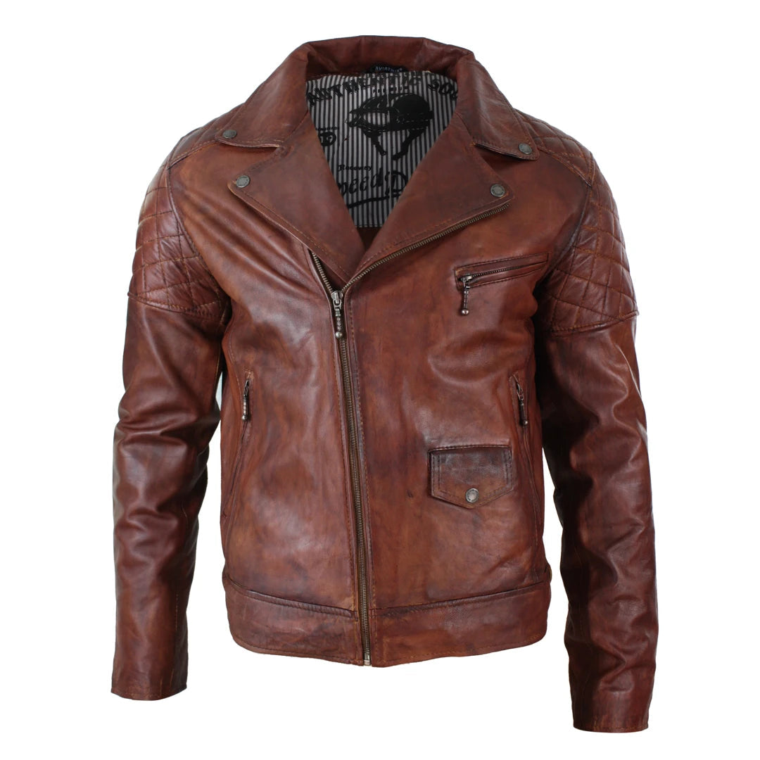 Mens Vintage Washed Brown Black Burgundy Blue Timber Real Leather Biker Jacket Cross Zip Retro Casual-TruClothing