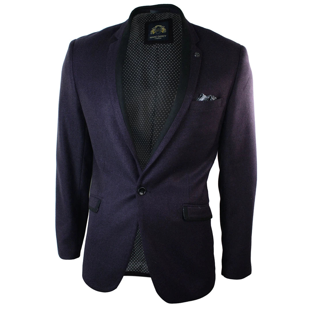 Mens Violet Herringbone Tweed Vintage Slim Fit Blazer Jacket Black Trim Smart Casual-TruClothing