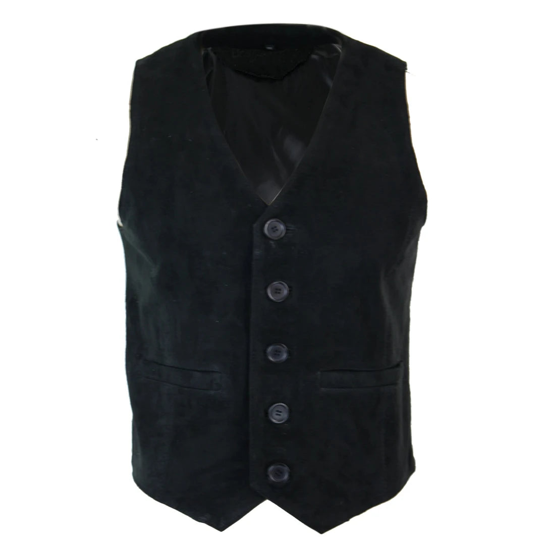 Mens Waistcoat Gilet Real Genuine Suede Leather Retro Vintage Western Vest Black-TruClothing