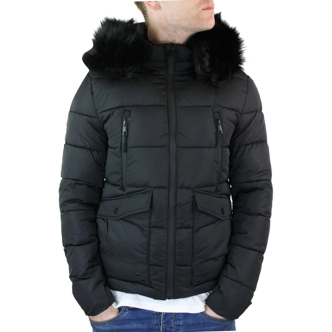 Men's Zip Hooded Fur Jacket Coat Puffer Quilted Warm Winter-TruClothing