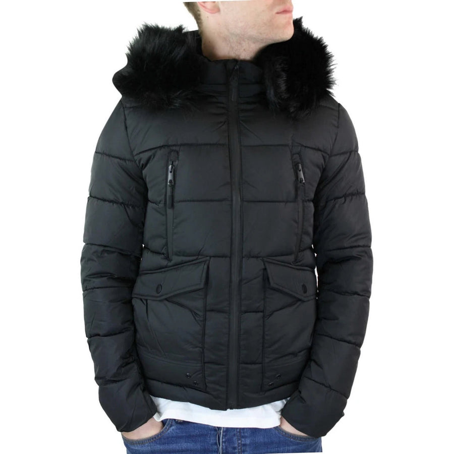 Men's Zip Hooded Fur Jacket Coat Puffer Quilted Warm Winter-TruClothing