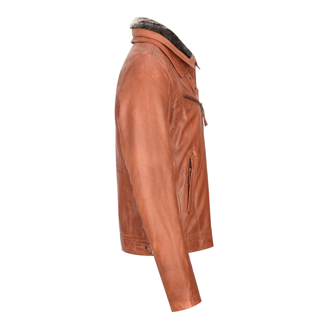 Mens Washed Rust Tan Brown Removable Fur Collar Leather Jacket Slim Fit Zipped-TruClothing