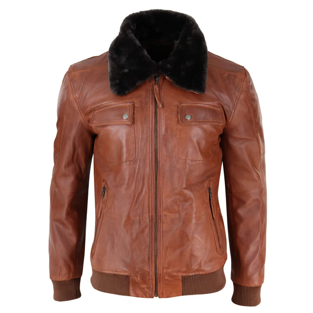 Mens Washed Rust Tan Brown Removable Fur Collar Pilot Leather Jacket Slim Fit-TruClothing