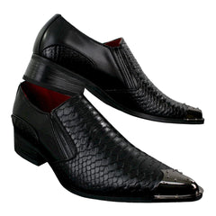 Mens Western Pointed Metal Toe Cowboy Shoes Crocodile Textured Leather Black-TruClothing
