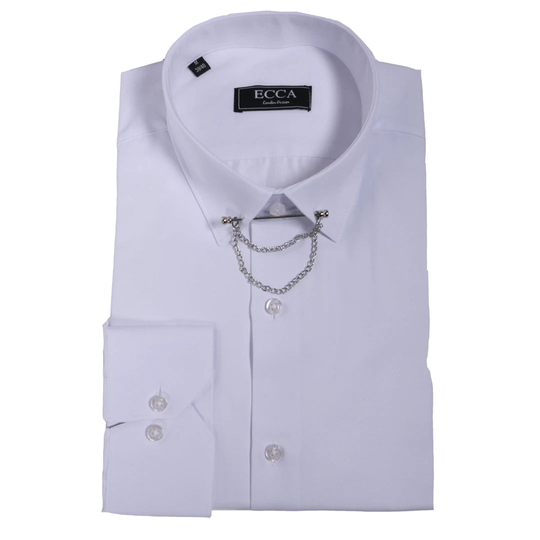 Mens White Button Down Poplin Shirt With Bar & Chain Smart Formal Classic-TruClothing