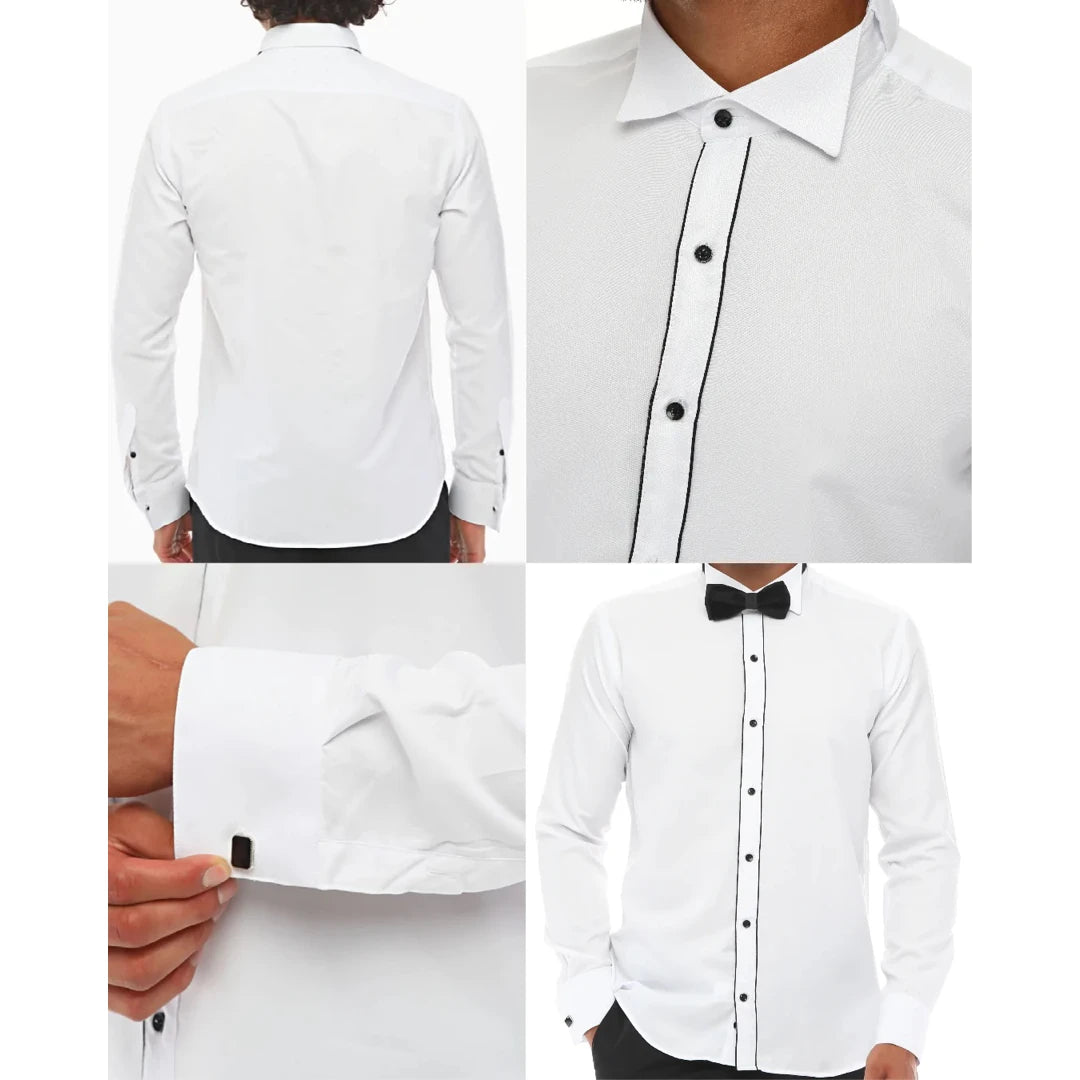 Mens Wing Collar Shirt Tuxedo White Black Piping Double Cuff Dinner Classic-TruClothing