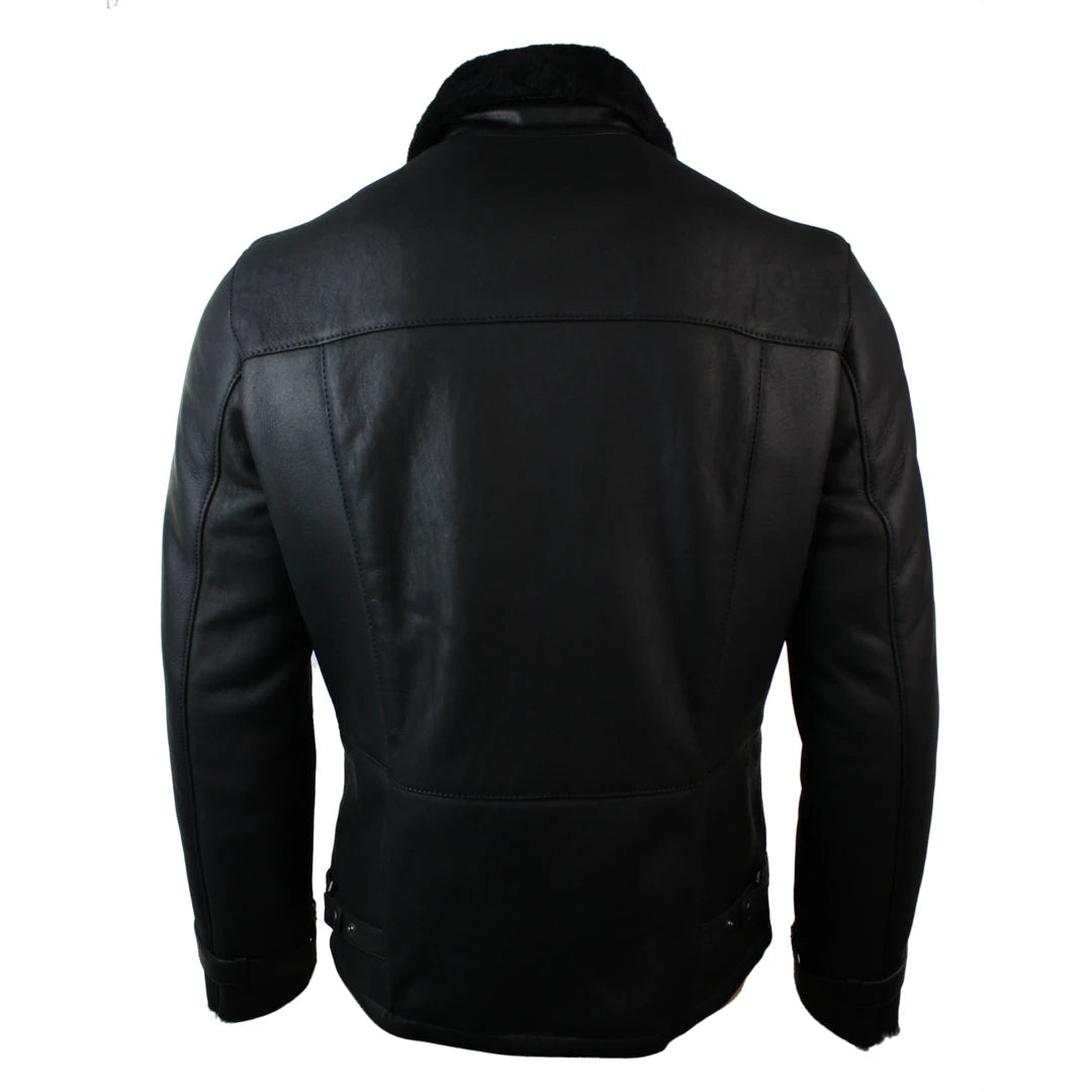 Mens Winter Real Sheepskin Black Mid Length Fitted Designer Jacket Cross Zip-TruClothing