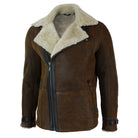 Mens Winter Real Sherling Vintage Sheepskin Tan Brown Fitted Jacket Cross Zip-TruClothing