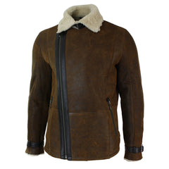 Mens Winter Real Sherling Vintage Sheepskin Tan Brown Fitted Jacket Cross Zip-TruClothing