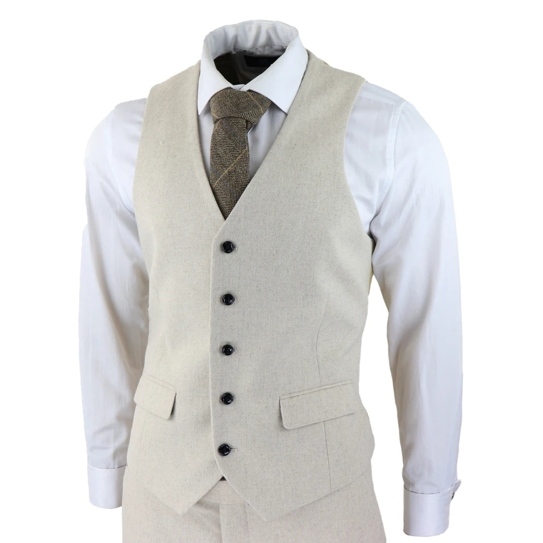 Mens Wool 3 Piece Cream Beige Suit Slim Fit Classic Wedding Party Vintage 1920s-TruClothing