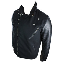 Mens Wool Brando Style Jacket Real Leather Sleeves Retro Vintage Biker Black-TruClothing
